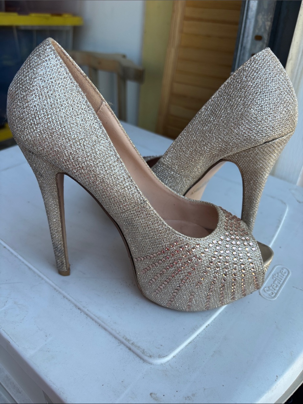 Cathy Jean Shimmery Gold Peep-Toe Stiletto Pumps